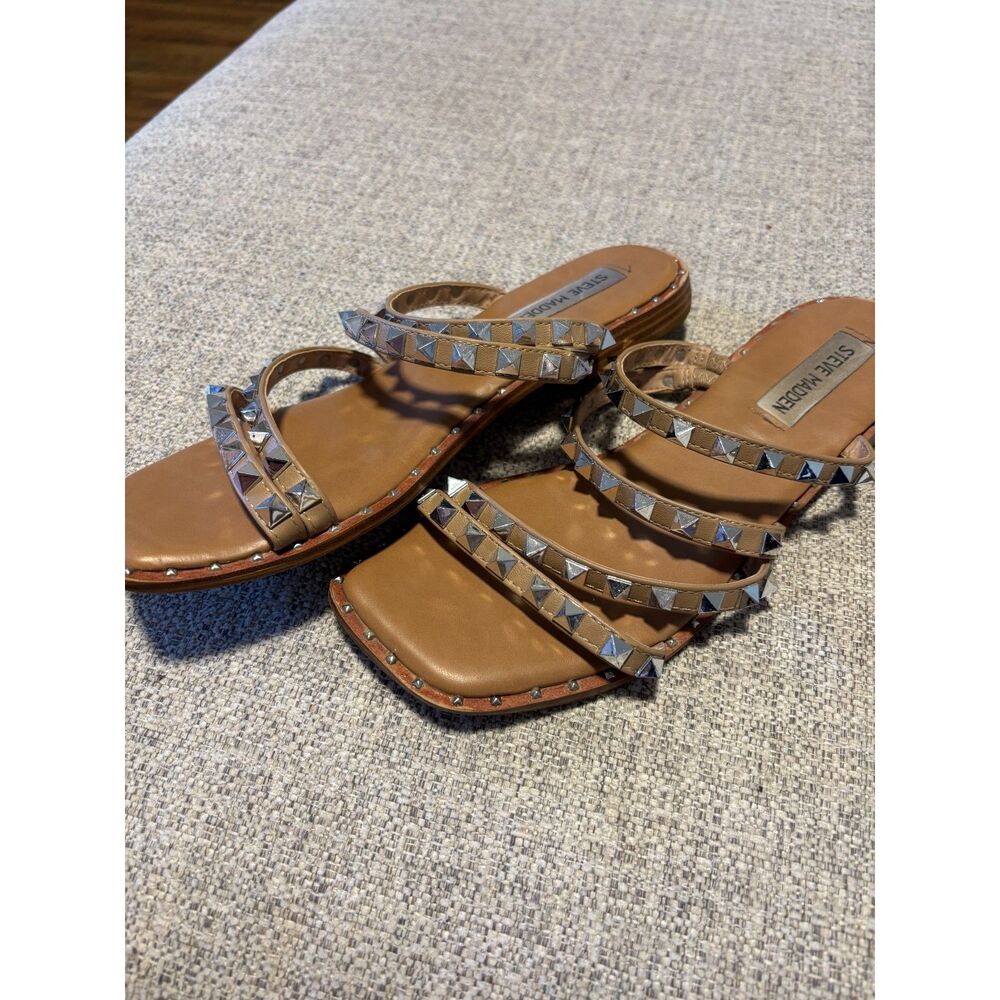 Steve Madden Tan Studded Slide Sandals Rockstud Y2K‎ Boho Leather Size 8